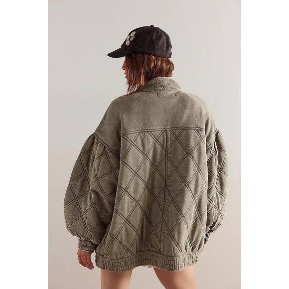 Free People Juno Quilted Jacket Top Bomber Oversized Buttondown Cotton M 283517 - Picture 4 of 9